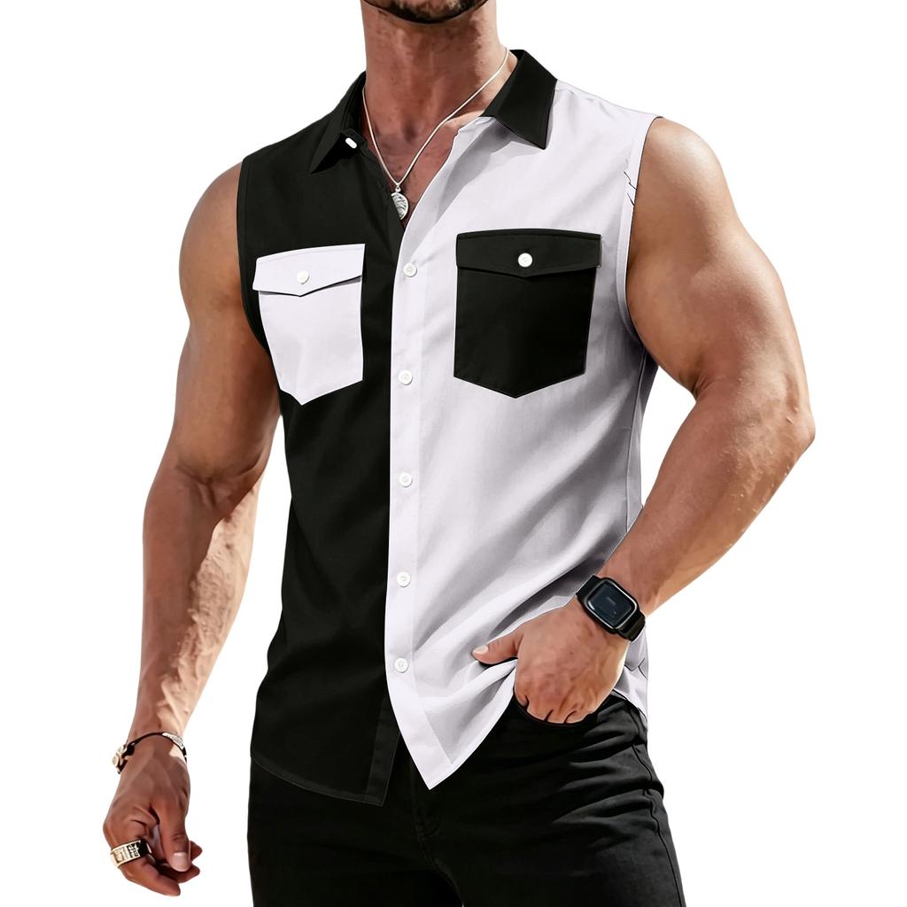 Men's Workwear Lapel Button-Down Vest Shirt - Lightweight Sleeveless Top
