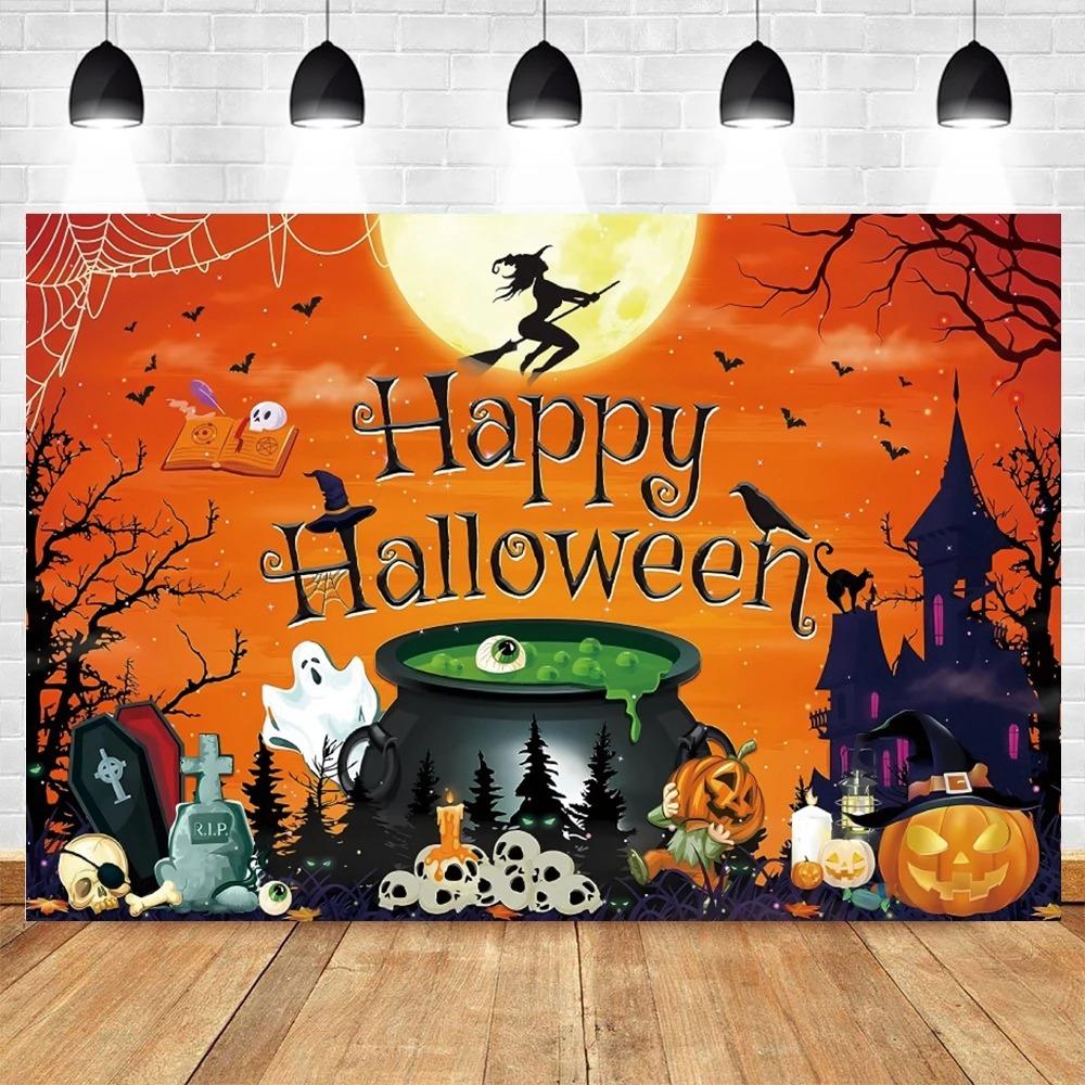 Circus Halloween Background Hanging Cloth Full Moon Night Witch Skull Carnival Party Decoration Background Photography Studio