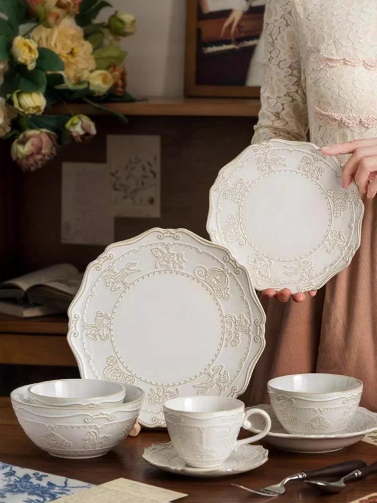 French Retro Tableware and Dish Set Household Ceramic Bowl Kitchen and Dining Table Decorations Home Furnishing Decoration