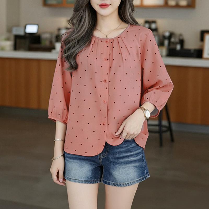 ZANZEA Women Casual Round Neck 3/4 Sleeve Loose Polka Dot Print Blouse