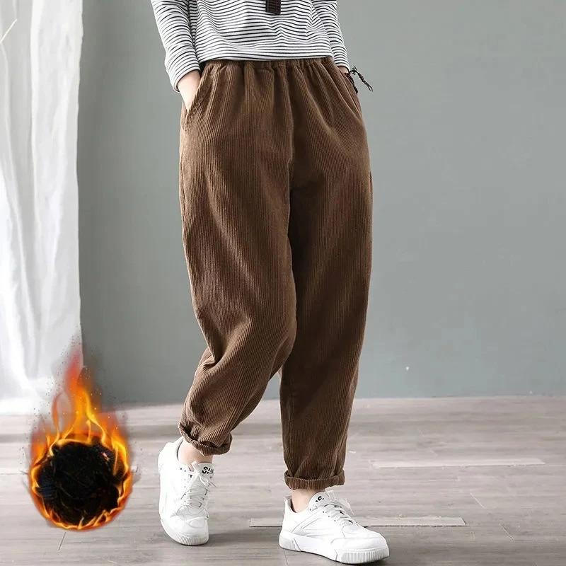 

Зимние Утепленные Мешковатые Брюки-Гаремы Женские С Завышенной Талией Повседневные Теплые На Вельвете Подкладке Pantalones Снежная Одежда Вельветовые До Щиколотки Spodnie 4XL