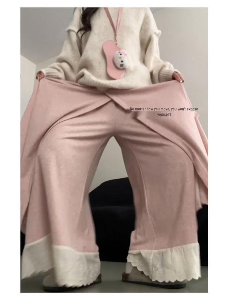 Patchwork Lace Trim High-Waisted Woolen Wide-Leg Pants for Women - Autumn/Winter Plus Velvet Casual Loose Fit.