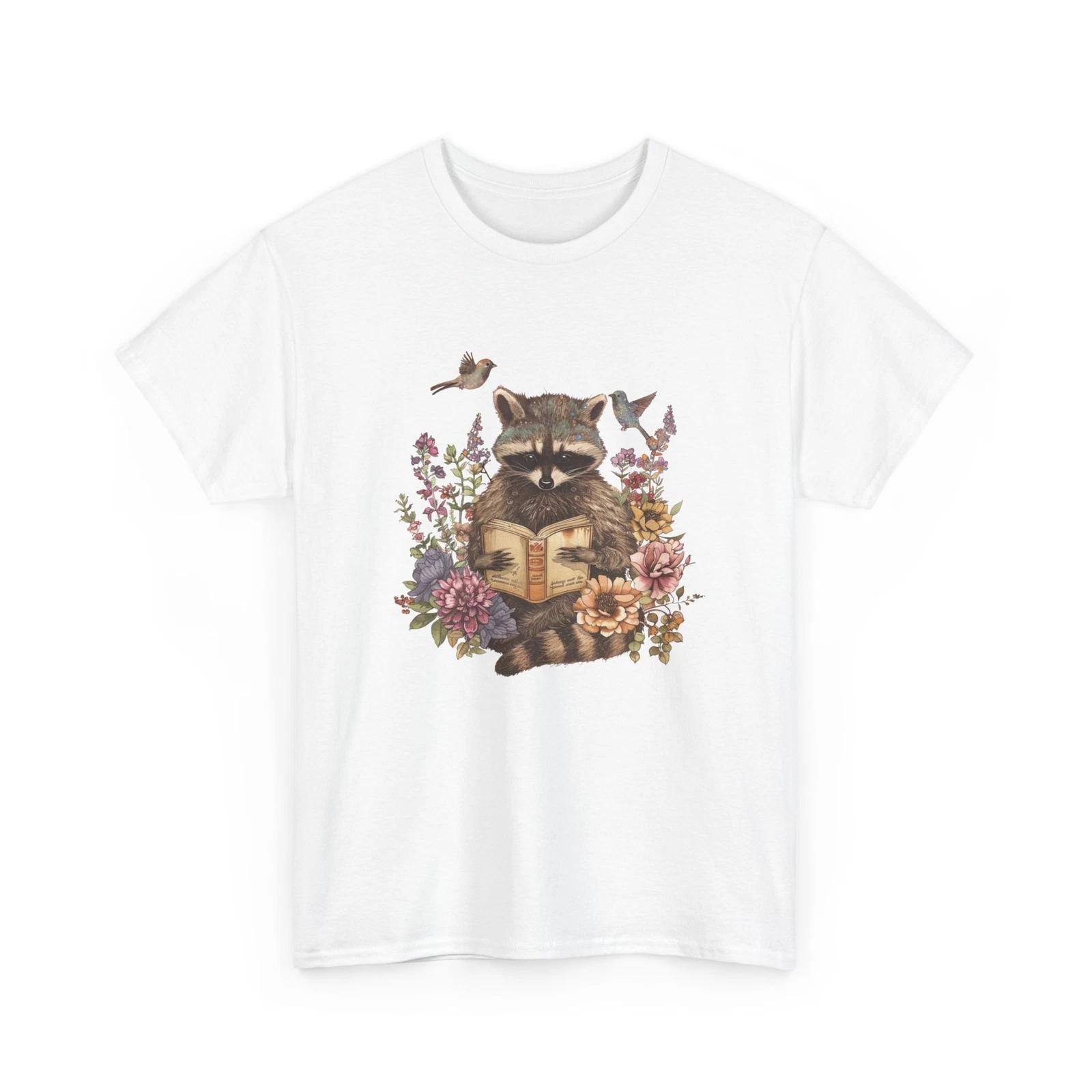 Boho Floral Raccoon Reading Book T-Shirt Whimsical Book Lover Shirt 2XL