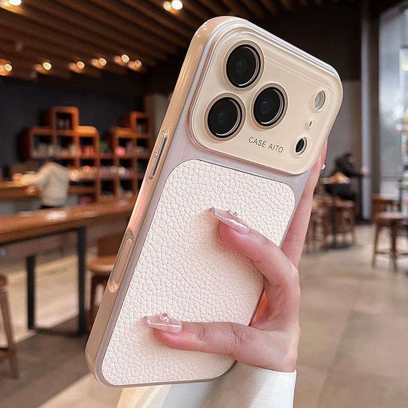 Applicable To iPhone17PRO Lens Large Window Lychee Leather Pattern Mobile Phone Case Apple 15 Business Case Lychee Pattern