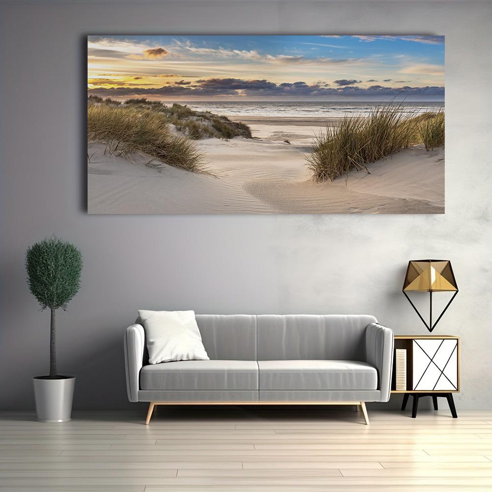 Nordic Seaside Beach Sunset Canvas Wall Art Wood Bridge Landscape Painting for Living Room Decor Coastal Sea Prints Home Decor
