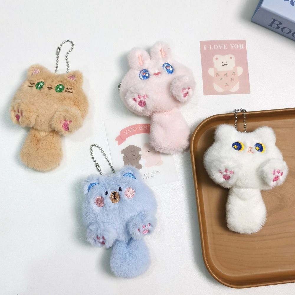 Cartoon Rabbit Doll Keyring Plush Stuffed Bear Pendant with Tail Cute Cat Plush Keychain  Kids