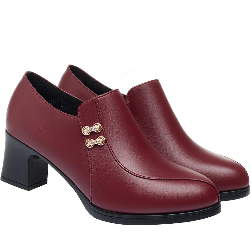 Burgundy Chunky Heel Soft Leather Shoes for Women - Spring & Autumn 2022, Comfortable for Middle-Aged & Elderly