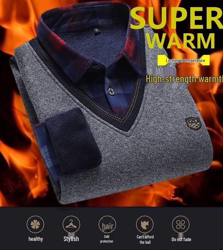 Men's Autumn/Winter Knit Sweater with Fake Two-Piece Shirt Collar - Plus Velvet, Middle-Aged & Young Styles.
