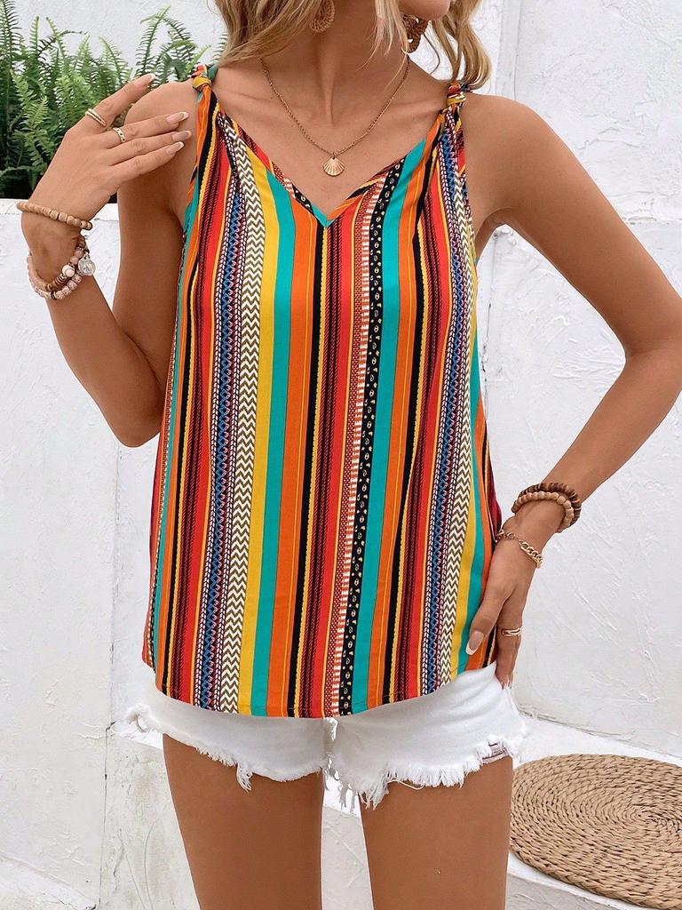 Colorful Striped V-Neck Sleeveless Women's Tank Top