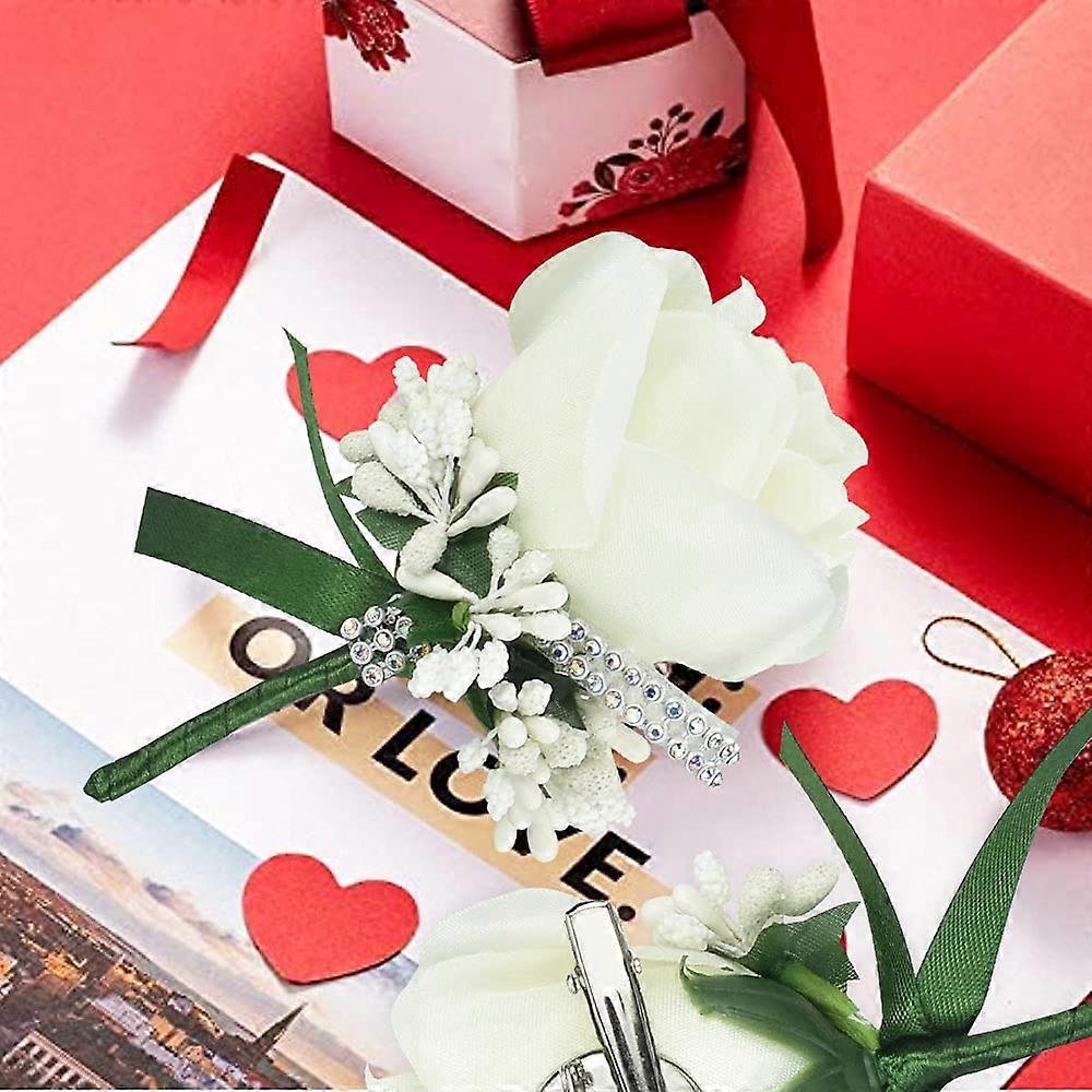 4 Stück Rose Hochzeitsanstecker Weißer Anstecker Handgemachte Ansteckblume Knopflochblumen Künstlich