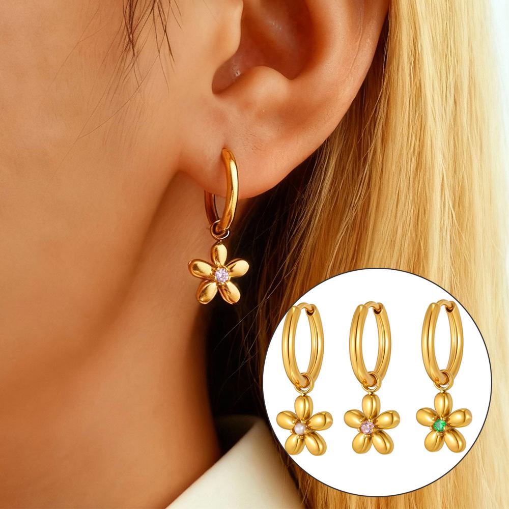 Vintage Luxury Zircon Flower Charms Huggies Hoop Earrings,18k Gold Plated Stainless Steel Earrings, Christmas Gift for Her
