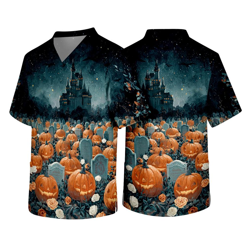 Men's Halloween Print V Neck Medical Scrub Top with Chest Pocket Short Sleeve Lightweight Comfortable Work Shirt for Healthcare Professionals