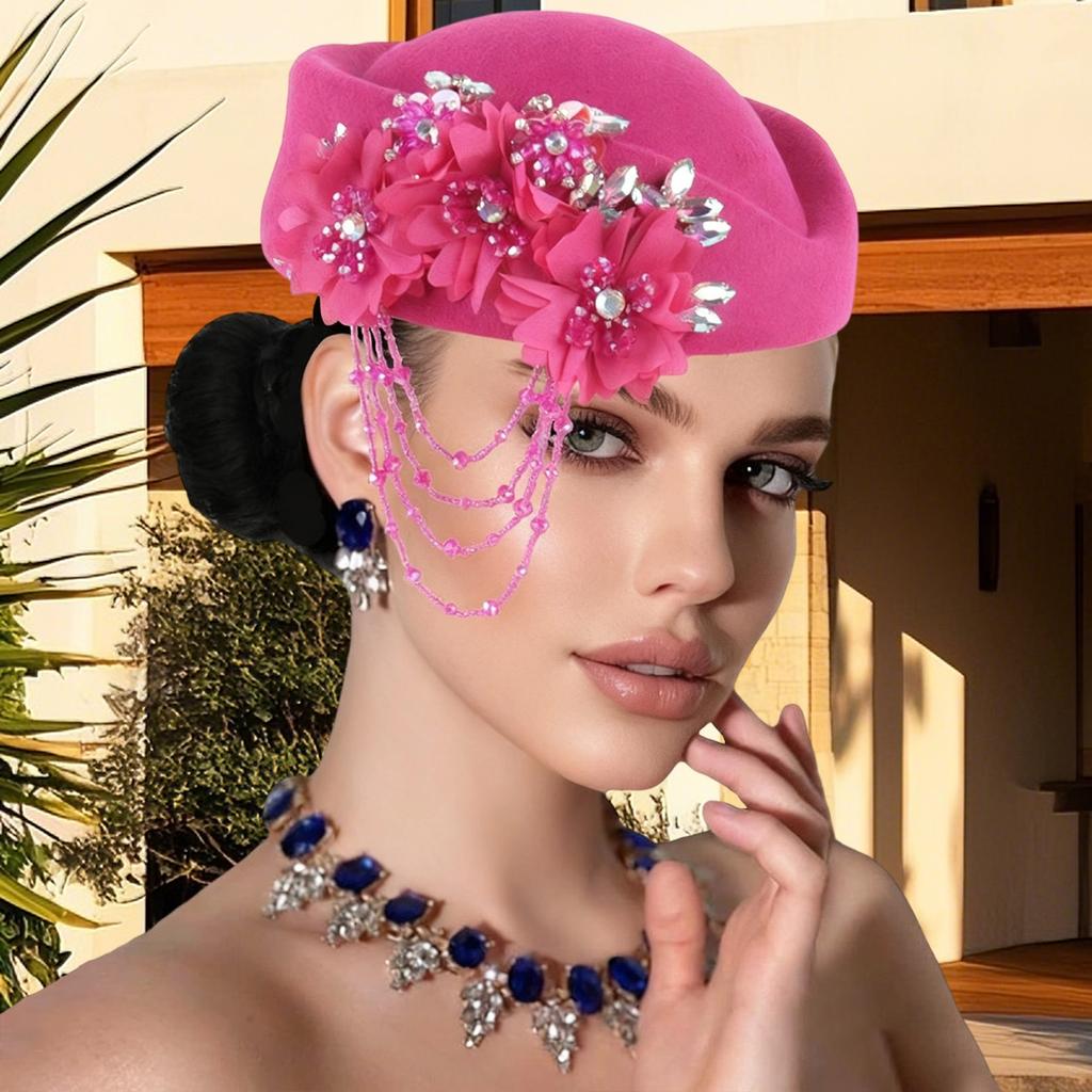 Retro British Hat for Women 3D Floral Rhinestone Decorated Beret Cap Cosplay Costume Accessories