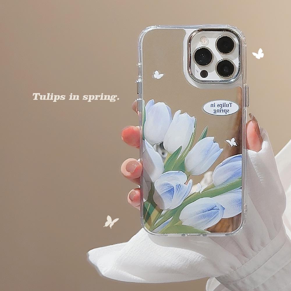 Temperament Gentle Blue Tulip IPhone16 Suitable for 14promax Apple 15 Mobile Phone Case Flower Makeup Mirror 11 Hard