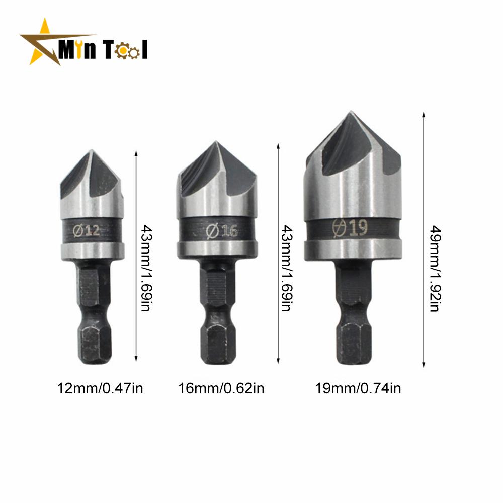 3PCS Hex Countersink Boring Chamfer Drill Bit Set 12/16/19mm 5Flute Woodworking Drill Bit Cutter Metal Drilling Bit Hand Tool