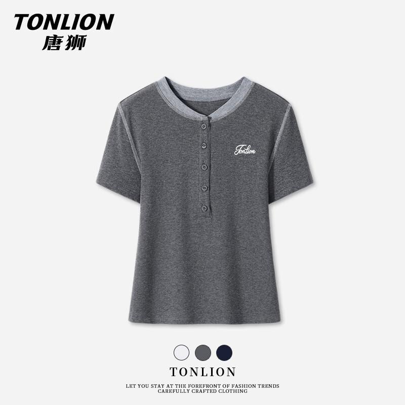 TonLion Women s Contrast Henley Neck Short Sleeve T-shirt XL