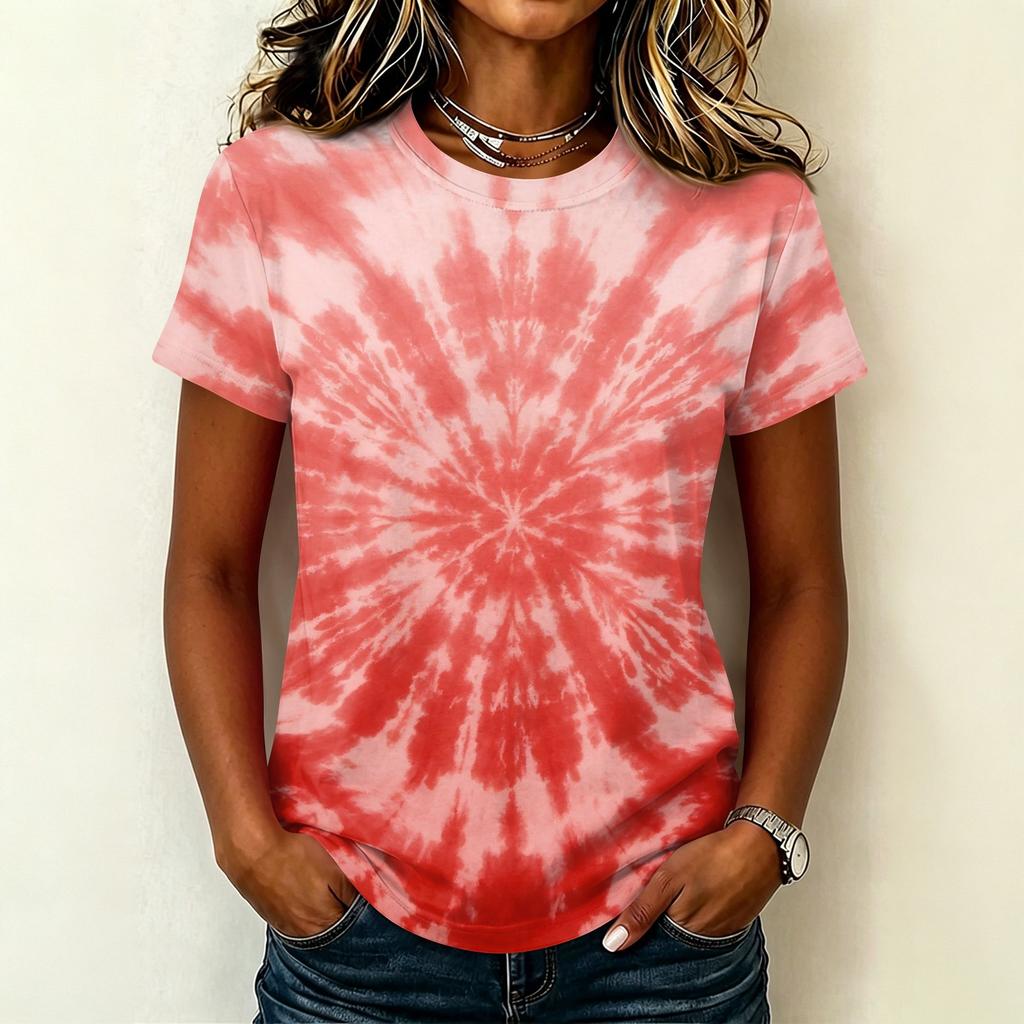 Women's Casual Pullover T Shirt Short Sleeve Round Neck Tie Dye Print Top Lightweight Comfortable Fit