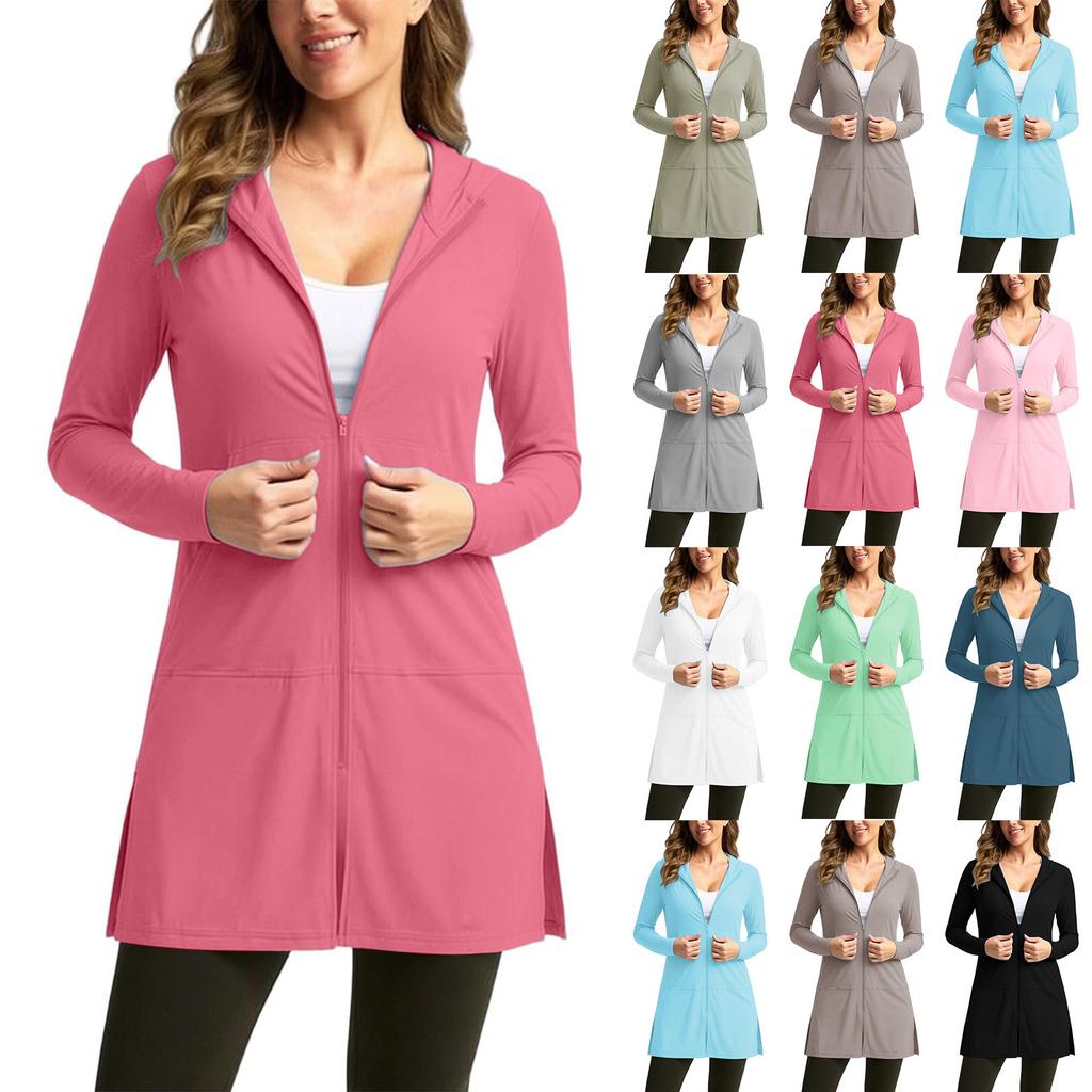 Women Hooded Loose Fit Sun Cardigan Long Sleeve Lightweight Casual Outerwear with Zipper Front Pockets for Daily Wear