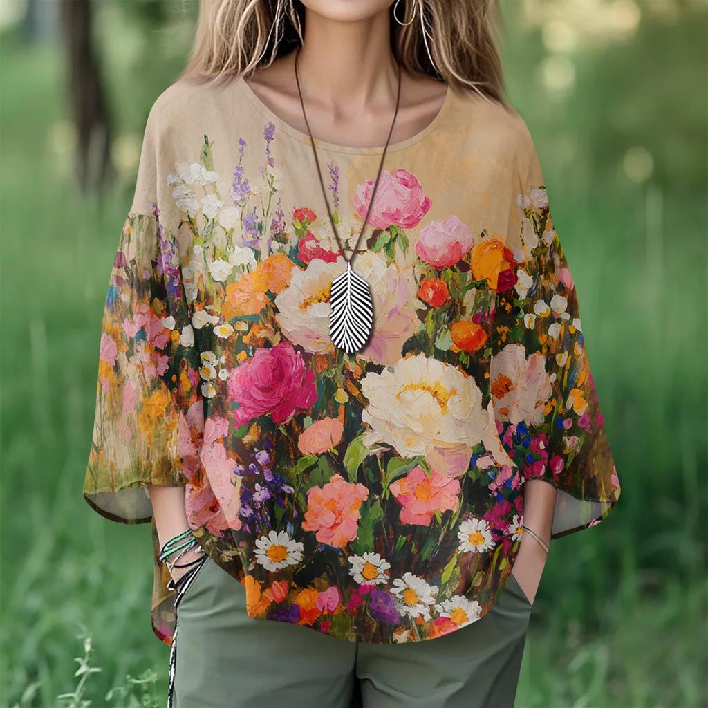 Summer Tops For Women Cute V Neck 3/4 Sleeve Blouses Floral Print Top Casual Shirts