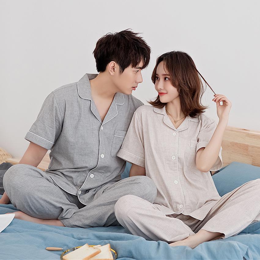 Summer Pure Cotton Minimalist Double Gauze Pajama Set: Short Sleeve Top & Long Pants, Seamless Design for Couples