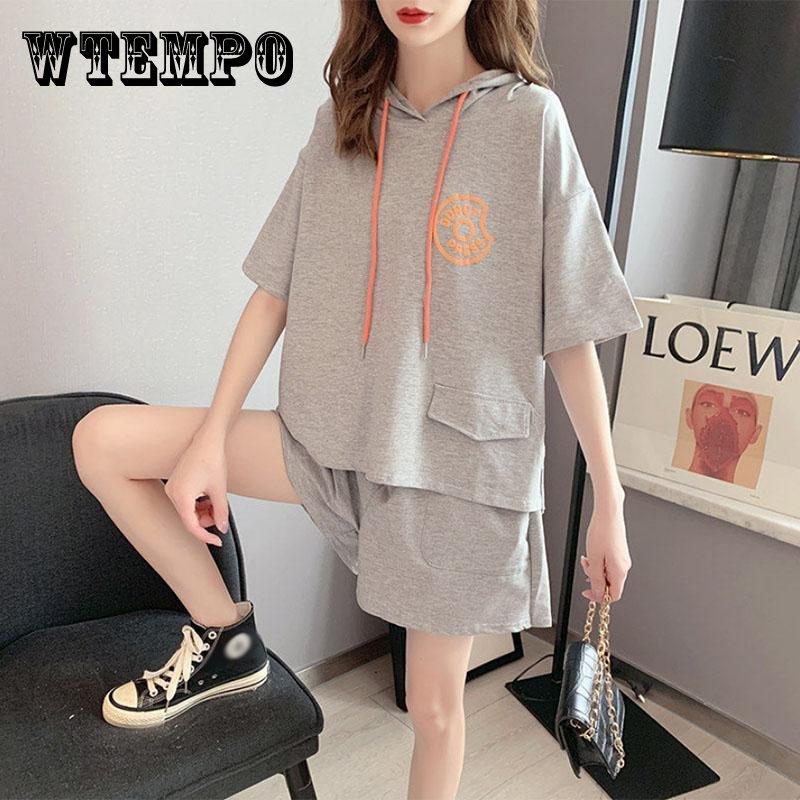 

Летний свободный повседневный свитер с капюшоном и короткими рукавами, спортивные шорты, модный женский костюм из двух предметов