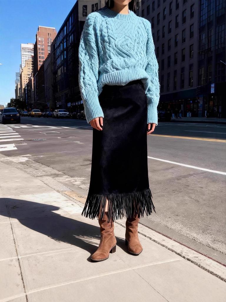 Damska Czarna Spódnica Midi o Fasonie A z Frędzlami – Odchudzający Styl Jesień/Zima