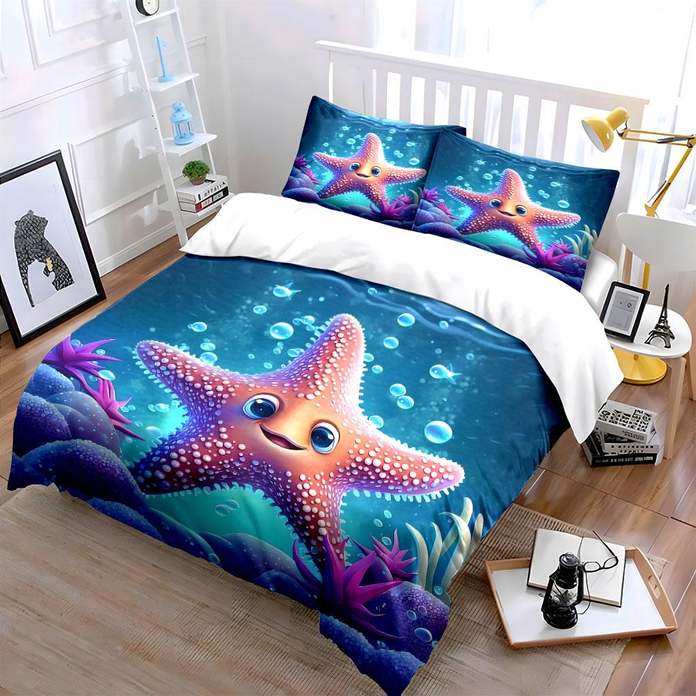 "Smiling Starfish Underwater Design" Print Bedding Set Duvet Cover Pillowcases (1* Duvet Cover 2* Pillowcases Do Not Include Comforter)