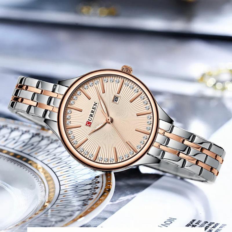 CURREN-Ladies' Luxury Rhinestone Inlaid Fashionable Business Quartz Watch Stainless Steel Simple Waterproof Luminous Calendar Watch