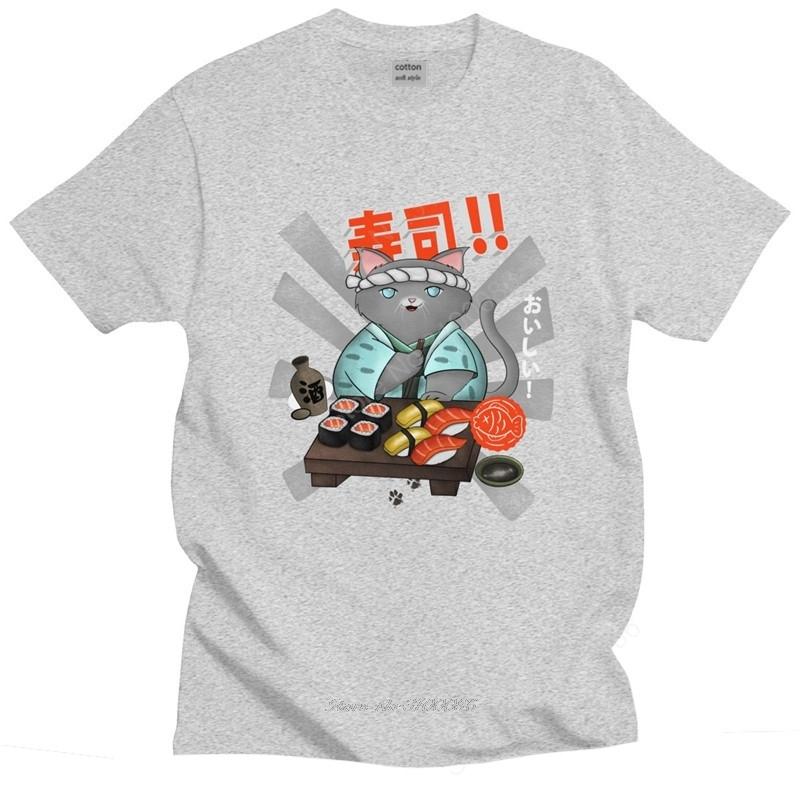 Trendy Unisexs Vintage Sushi Cat Tee Shirt Short Sleeved Cotton Tshirt Summer Cartoon Tshirt Japan Anime Tops Slim Fit Clothes