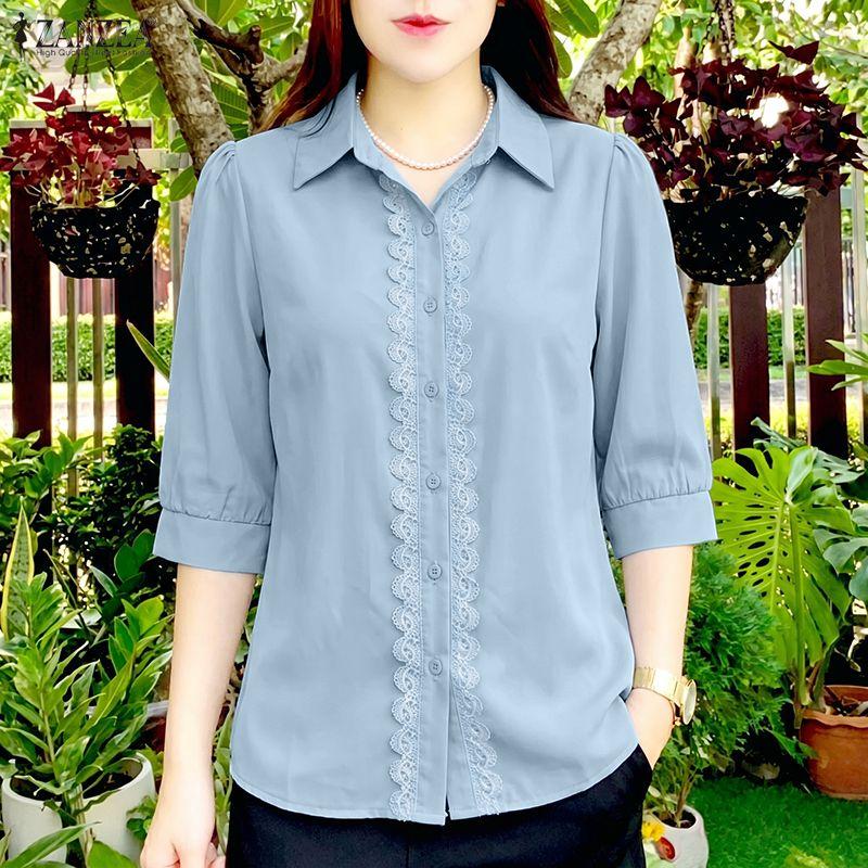 ZANZEA Women Casual Turn Down Collar Loose 3/4 Sleeve Blouse