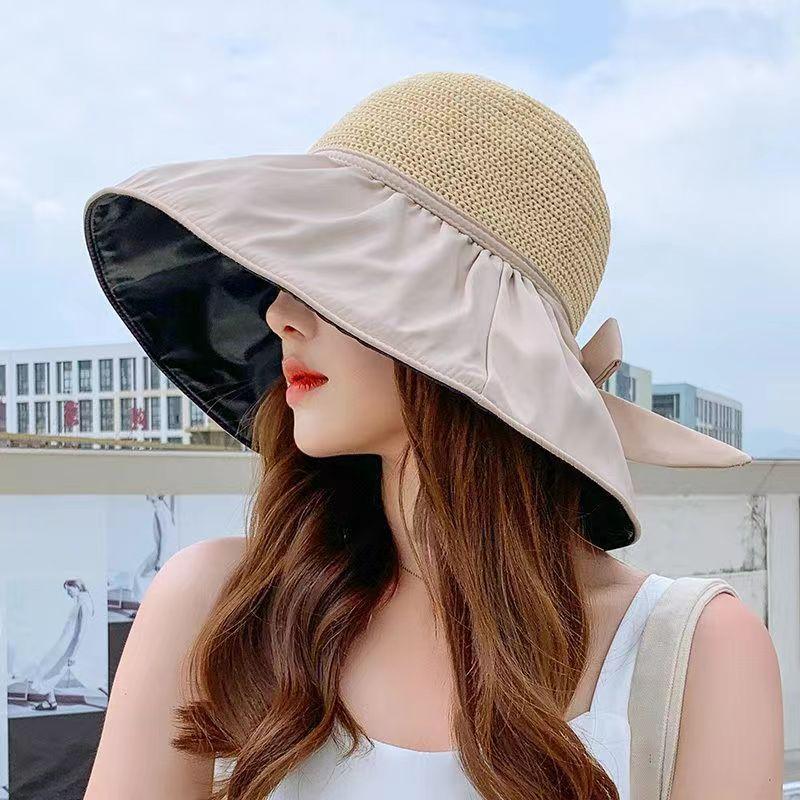 

Sun Protection Hat For Women With Large Brim And Bow Knot Summer Foldable Sun Hat Style A