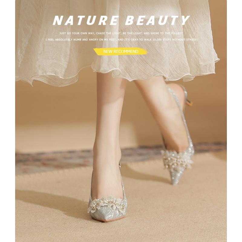 7520-3 [sheepskin] high heels women's thin heels 2025 new pointed crystal wedding shoes bag head pearl sandals
