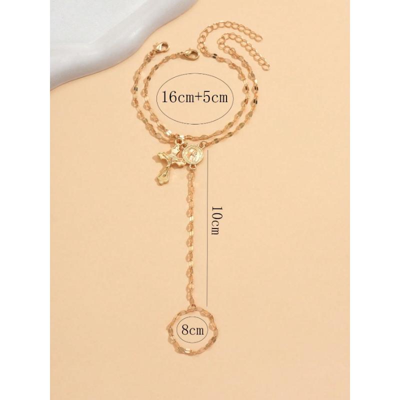 1 PCS Versatile Fashion Gold Religious Cross Pendant Bracelet with Classic Adjustable Finger Ring Chain Jewelry, Suitable for Daily Wear