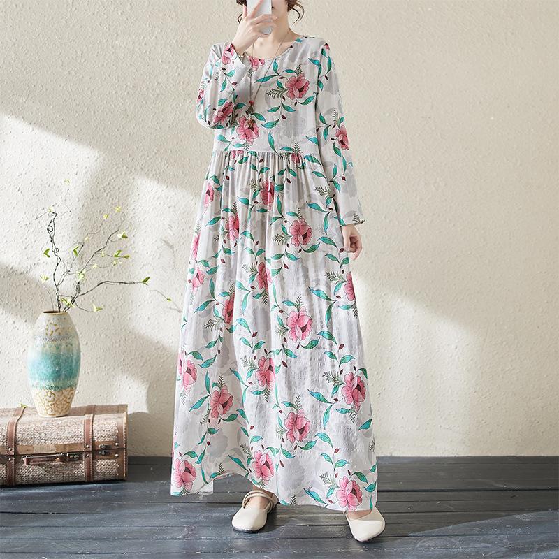 Lazy Wind Pleated High-waisted Thin Fashion Dress Literary Sweet Temperament Printing Ageing Leisure Big Swing Skirt Female