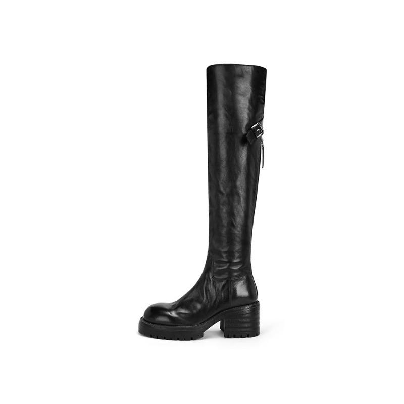 Washed cowhide leather long knight boots, women's thick heels, high tops, skinny boots, over the knee boots, long boots