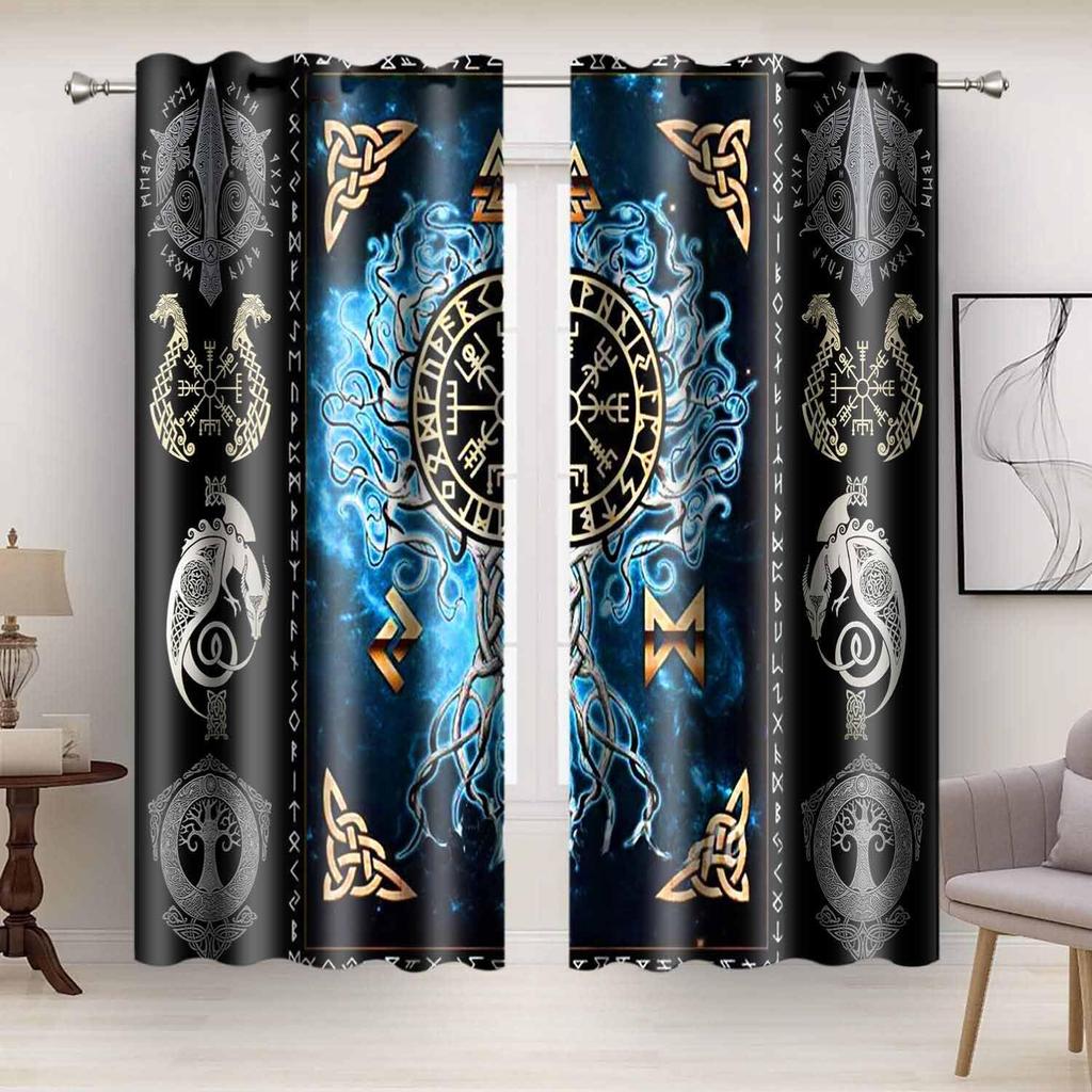 Viking Blackout Curta Scandinavian Pirate Totem Printed Curtain Room Darkening Ancient Mythology Tree of Life Window Treatments for Bedroom Living