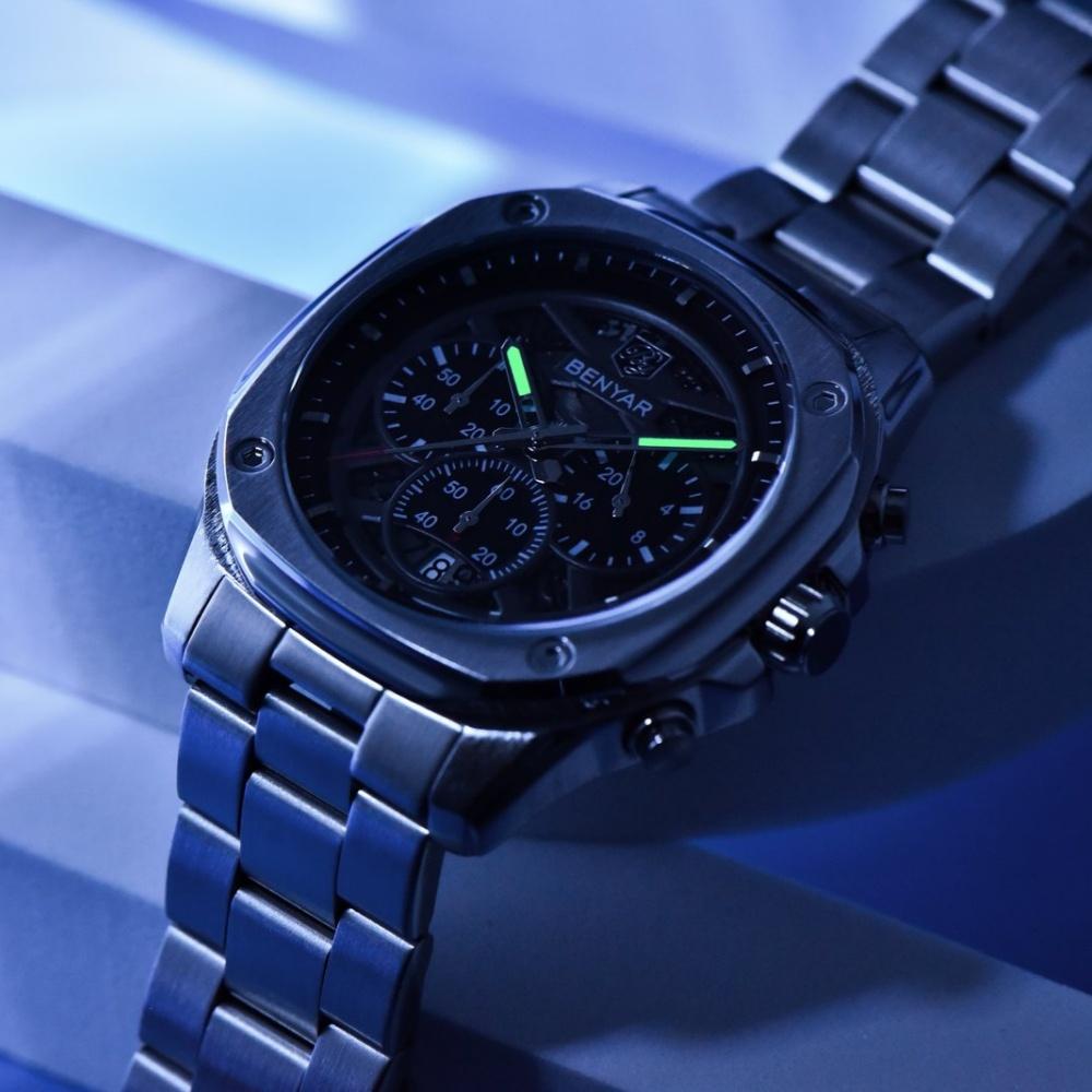 BENYAR Fashion Men Quartz Watch Stainless Steel Strap Retro Sports Watches For Man Calendar Luminous Waterproof Reloj Hombre