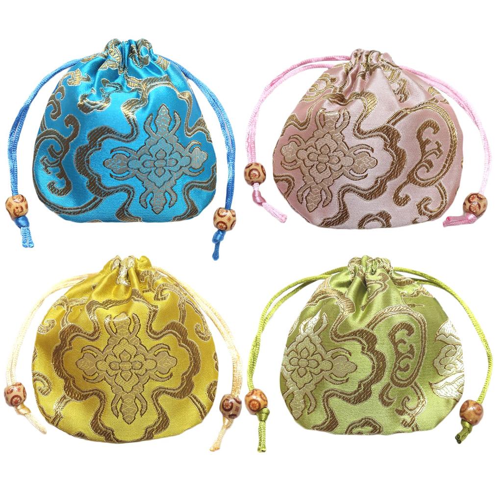 Silver Style Drawstring Small Satin Pouches with Japanese Accessory Case Set of & Bags, Patterns, Japanese-Style (Set 4, B)