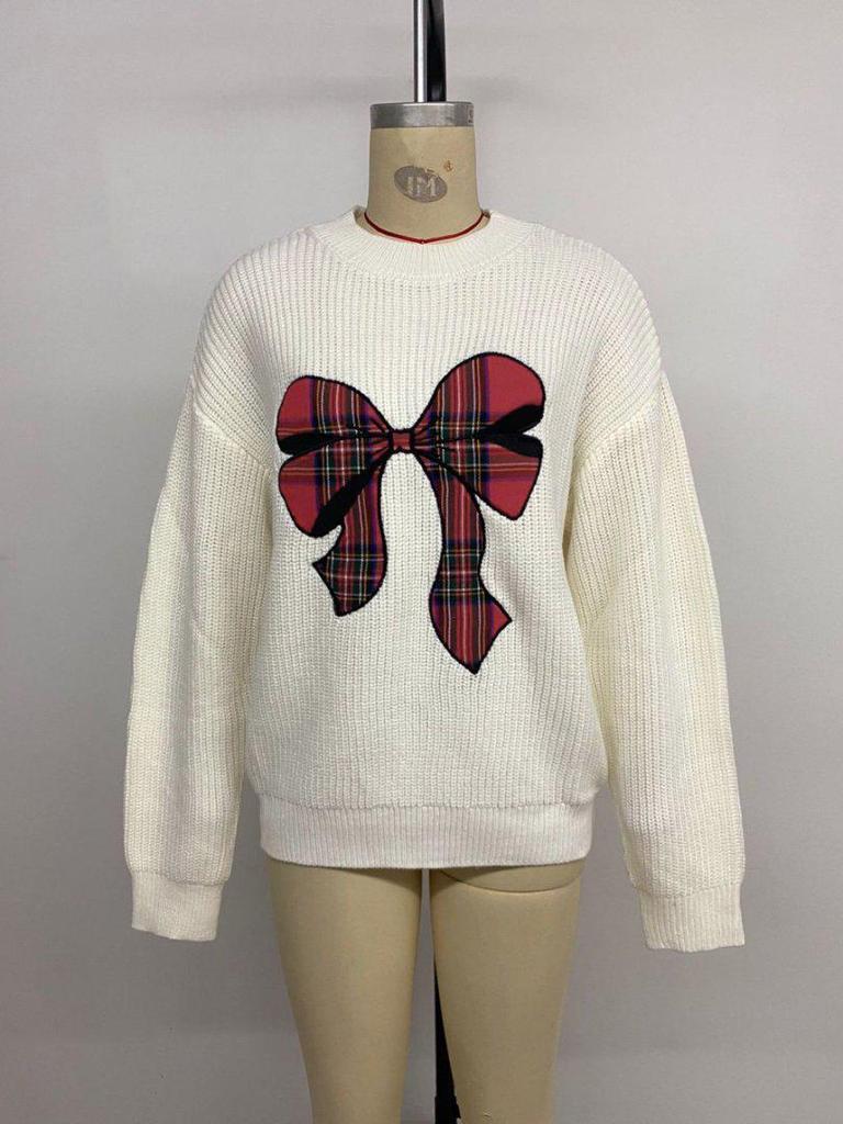 2025 Women's Winter Plaid Bow Round Neck Pullover Sweater