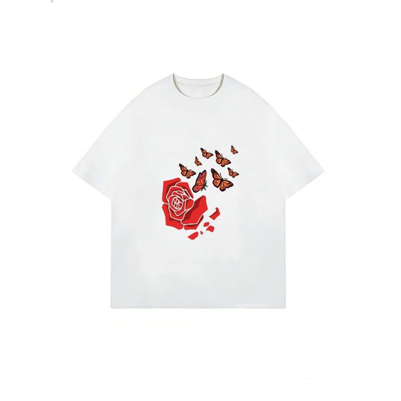 White T Shirt With Red Rose And Butterflies Print For Casual Wear
