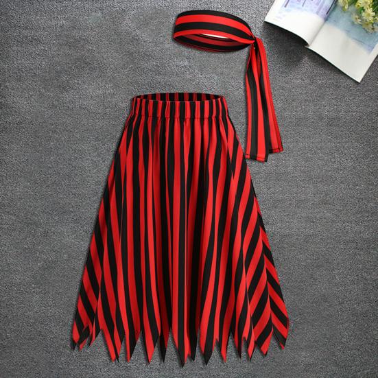2ks/sada Dámská pirátská cosplay sukně s páskem Nepravidelný lem Elastický pas Pruhovaná sukně Oblečení s renesančním motivem