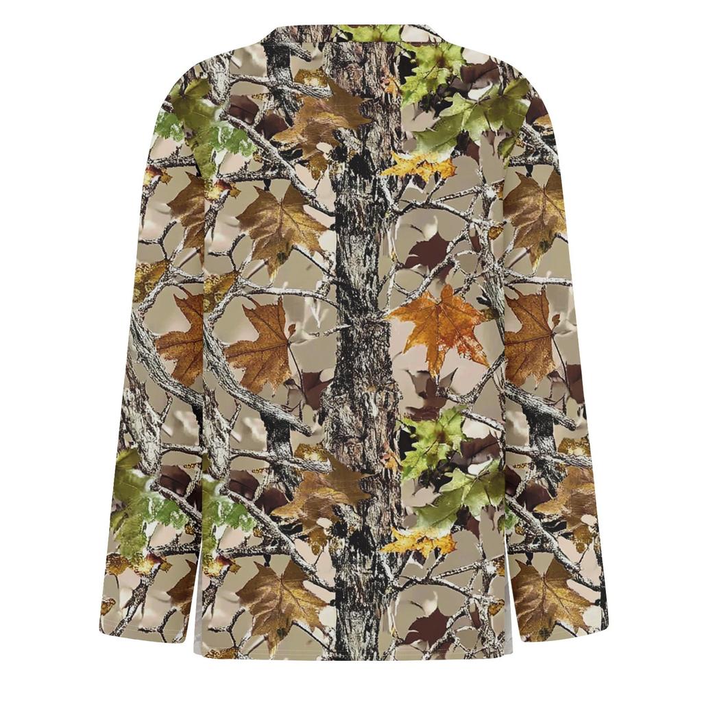 Women's Fashion Hem Split Casual Dead Leaf Print Round Neck Long Sleeve Top