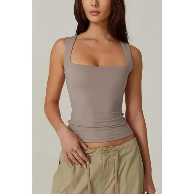 2025 Vacanță la mare vară nouă culoare solidă femei guler pătrat fără mâneci dublu strat maiou simplu tricou strâmt pentru femei