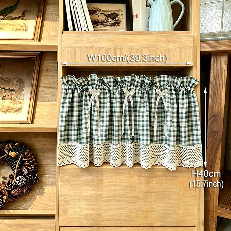 Moderne Groene Geruite Kleine Gordijnen Boho Beige Uitgesneden Kant met Strik Decor Halve Gordijn Voor Woonkamer Keuken en Kast S Rod Pocket