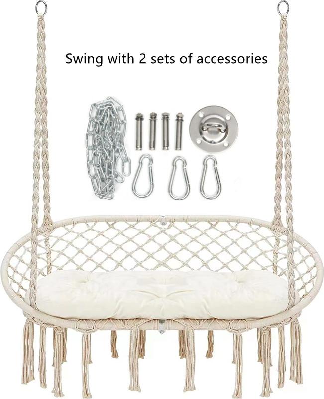 Double Hammock Chair Macrame Hanging Swing Chairs with Cushion and Hardware Kit, Adult Swings for Outside,Patio,Balcony, Bedroom