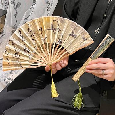 Chinese Feng Shui Ink Painting Dragon Bone Folding Fan Portable Ancient Style Small Folding Fan Summer Handheld Cooling Fan