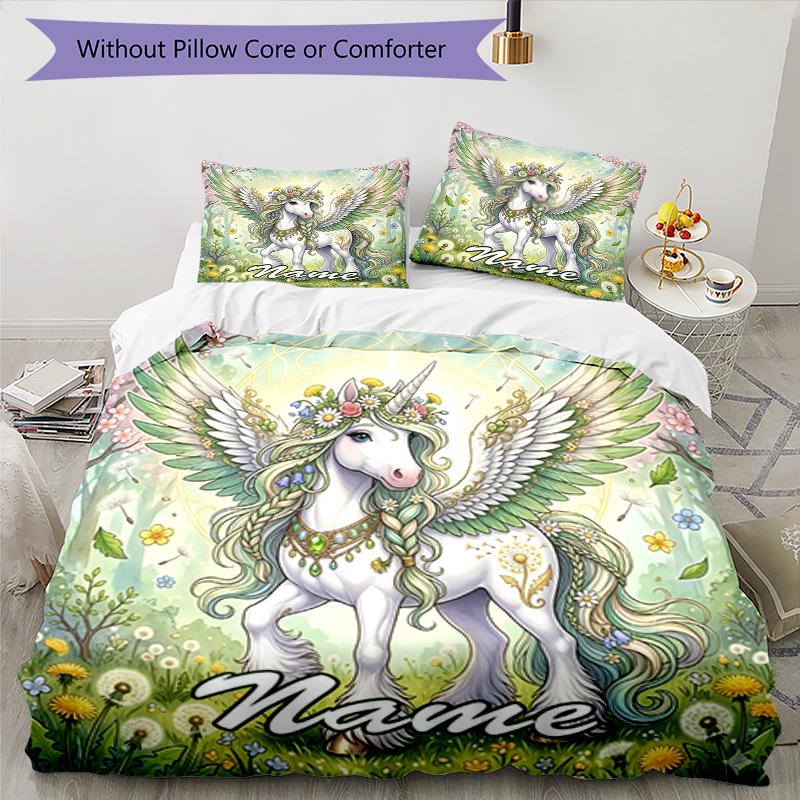 3pcs Custom Name Unicorn Bedding Set Duvet Cover Closure Includes 1 Duvet Cover & 2 Pillowcases, Soft and Comfortable for All Seasons.