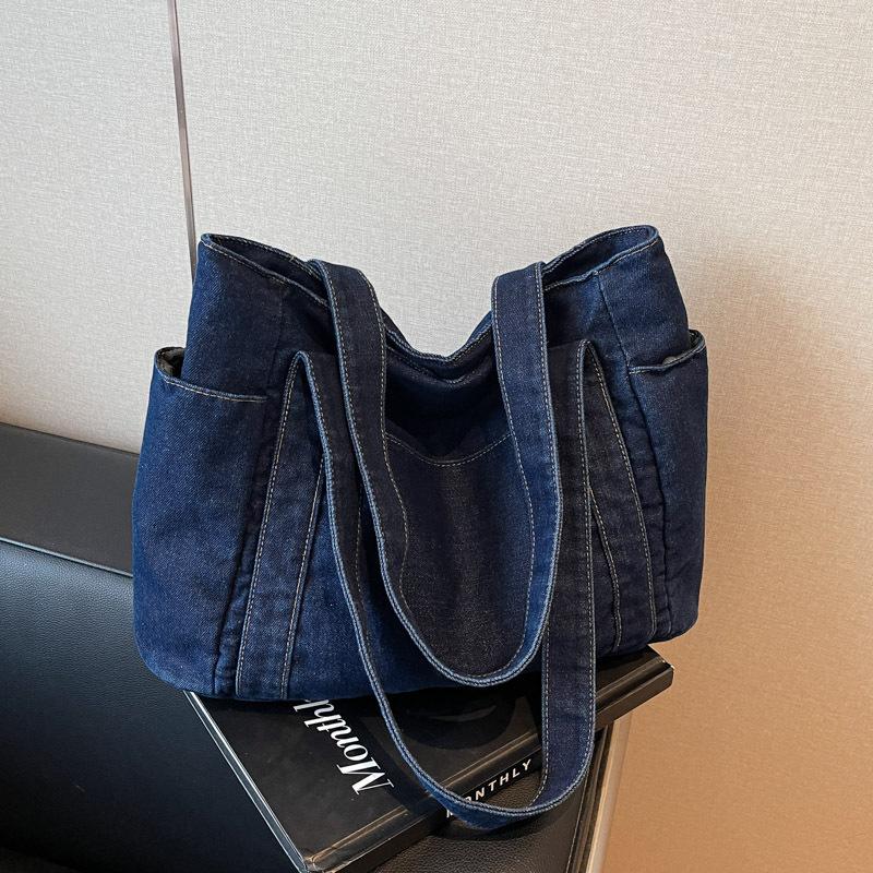 Denim tote bag fashion casual portable shoulder bag large capacity literary commuter bag women