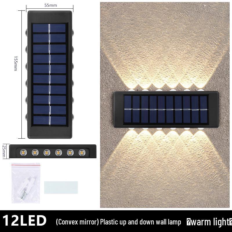 מנורת קיר חיצונית עמידה למים עם ראש כפול סולארי: פנס גן עולה/יורד עם קישוט זוהר