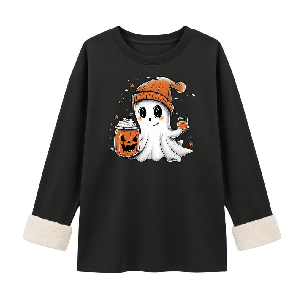 Women's -Lined Long Sleeve Crewneck T-Shirt with Halloween Print for Winter Casual Wear